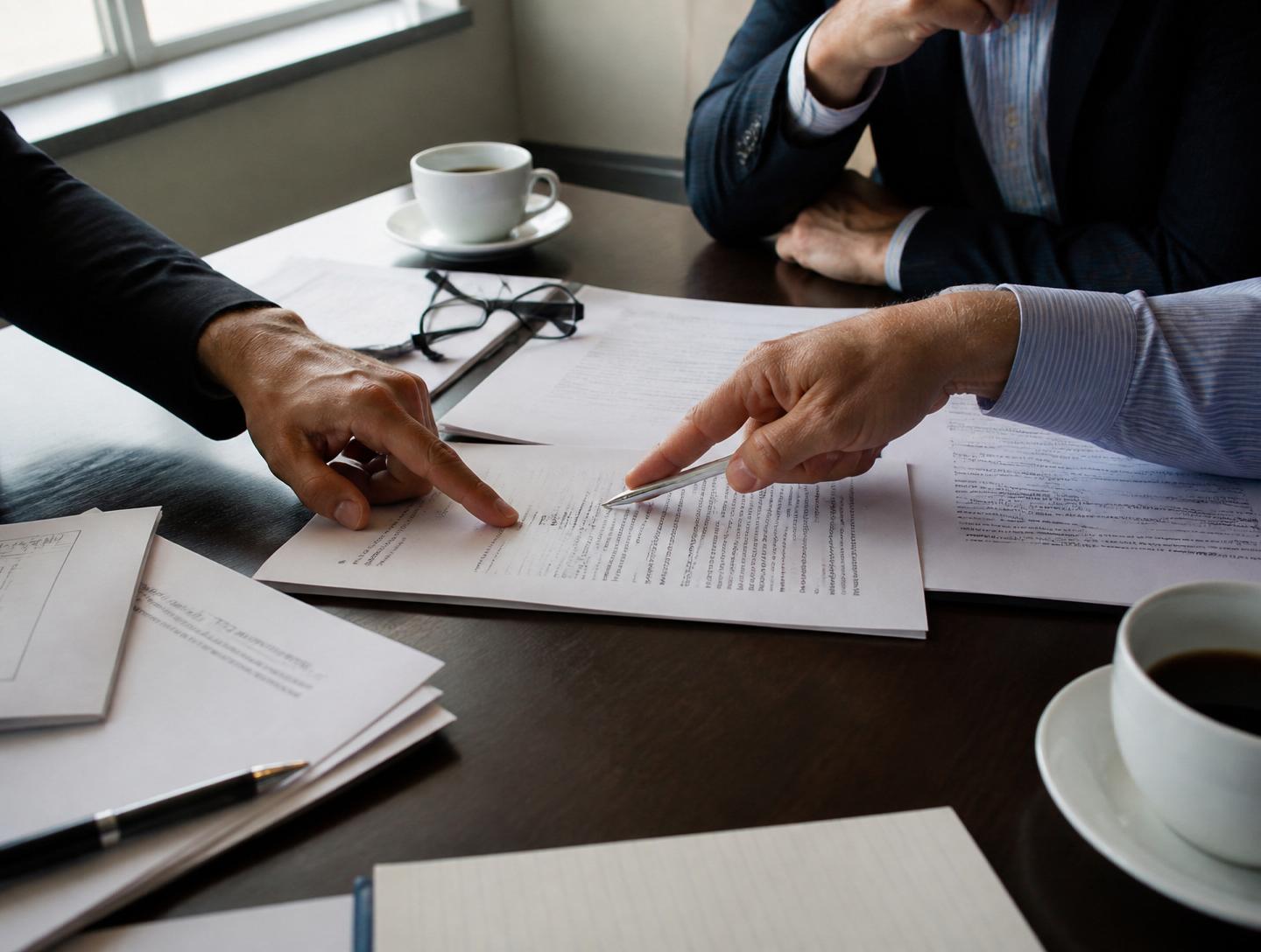 Two people reviewing a printed contract across a table, with a pen and a coffee cup