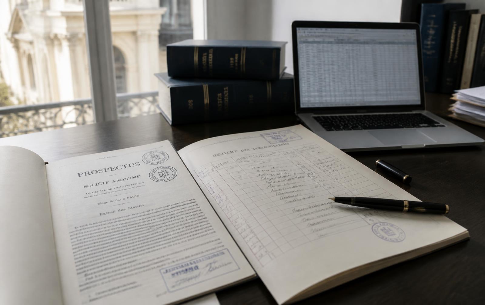 A printed prospectus and a signed subscription register on a lawyer’s desk beside a laptop showing a plain register of securities